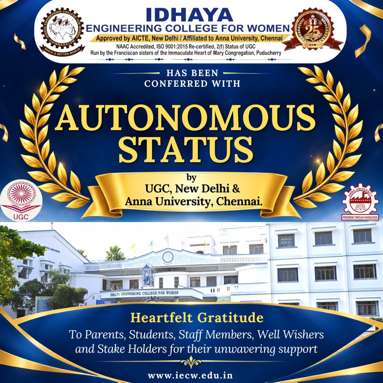 Idhaya Engineering College for Women conferred with Autonomous Status by UGC, New Delhi and Anna University, Chennai